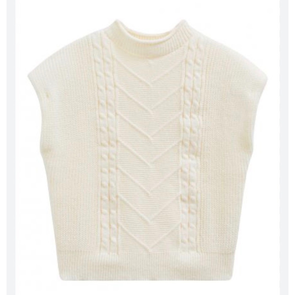 NWT Commense Ivory Cable Knit Mock Neck Sweater Vest Cap Sleeve White Large